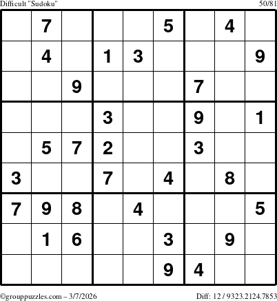 The grouppuzzles.com Difficult Sudoku puzzle for Saturday March 7, 2026
