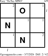 The grouppuzzles.com Easy TicTac-MNO puzzle for Saturday March 7, 2026 with all 2 steps marked