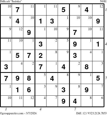 The grouppuzzles.com Difficult Sudoku puzzle for Saturday March 7, 2026, suitable for printing, with all 12 steps marked