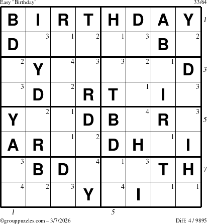 The grouppuzzles.com Easy Birthday puzzle for Saturday March 7, 2026 with all 4 steps marked