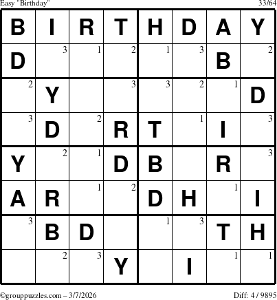 The grouppuzzles.com Easy Birthday puzzle for Saturday March 7, 2026 with the first 3 steps marked