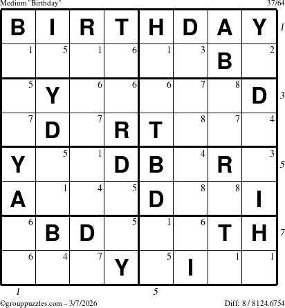 The grouppuzzles.com Medium Birthday puzzle for Saturday March 7, 2026 with all 8 steps marked