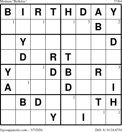 The grouppuzzles.com Medium Birthday puzzle for Saturday March 7, 2026 with the first 3 steps marked