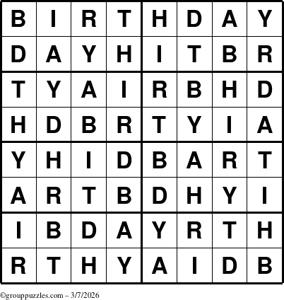 The grouppuzzles.com Answer grid for the Birthday puzzle for Saturday March 7, 2026