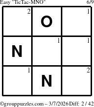 The grouppuzzles.com Easy TicTac-MNO puzzle for Saturday March 7, 2026 with the first 2 steps marked