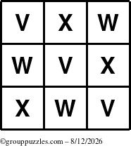 The grouppuzzles.com Answer grid for the TicTac-VWX puzzle for Wednesday August 12, 2026