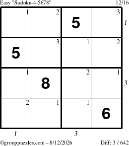The grouppuzzles.com Easy Sudoku-4-5678 puzzle for Wednesday August 12, 2026, suitable for printing, with all 3 steps marked