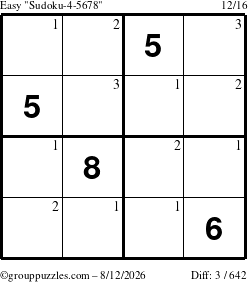 The grouppuzzles.com Easy Sudoku-4-5678 puzzle for Wednesday August 12, 2026 with the first 3 steps marked