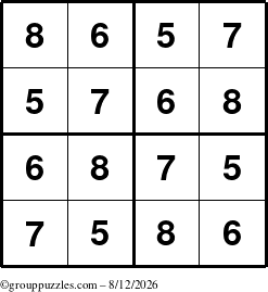 The grouppuzzles.com Answer grid for the Sudoku-4-5678 puzzle for Wednesday August 12, 2026