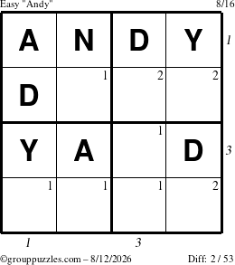 The grouppuzzles.com Easy Andy puzzle for Wednesday August 12, 2026, suitable for printing, with all 2 steps marked