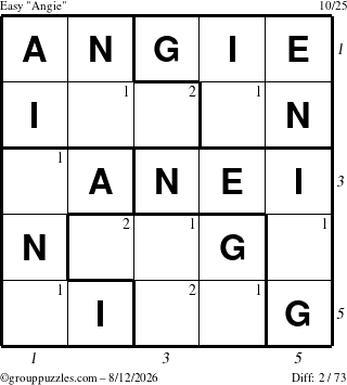 The grouppuzzles.com Easy Angie puzzle for Wednesday August 12, 2026, suitable for printing, with all 2 steps marked