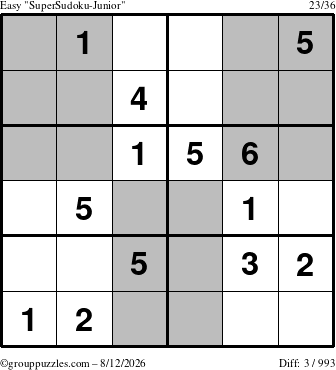 The grouppuzzles.com Easy SuperSudoku-Junior puzzle for Wednesday August 12, 2026