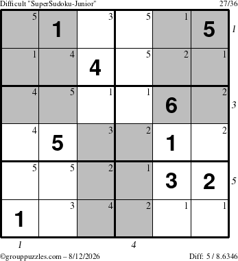 The grouppuzzles.com Difficult SuperSudoku-Junior puzzle for Wednesday August 12, 2026, suitable for printing, with all 5 steps marked