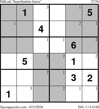 The grouppuzzles.com Difficult SuperSudoku-Junior puzzle for Wednesday August 12, 2026 with the first 3 steps marked