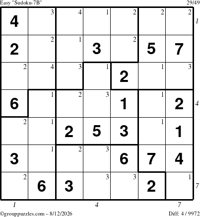 The grouppuzzles.com Easy Sudoku-7B puzzle for Wednesday August 12, 2026, suitable for printing, with all 4 steps marked