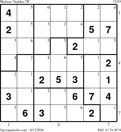 The grouppuzzles.com Medium Sudoku-7B puzzle for Wednesday August 12, 2026 with all 6 steps marked