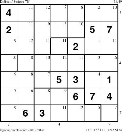 The grouppuzzles.com Difficult Sudoku-7B puzzle for Wednesday August 12, 2026, suitable for printing, with all 12 steps marked