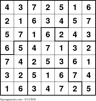 The grouppuzzles.com Answer grid for the Sudoku-7B puzzle for Wednesday August 12, 2026