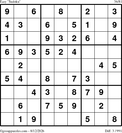 The grouppuzzles.com Easy Sudoku puzzle for Wednesday August 12, 2026