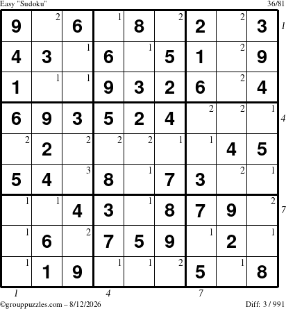The grouppuzzles.com Easy Sudoku puzzle for Wednesday August 12, 2026 with all 3 steps marked