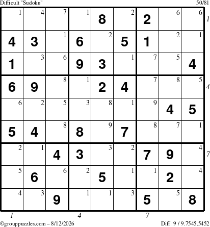 The grouppuzzles.com Difficult Sudoku puzzle for Wednesday August 12, 2026, suitable for printing, with all 9 steps marked