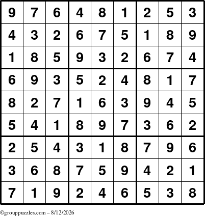 The grouppuzzles.com Answer grid for the Sudoku puzzle for Wednesday August 12, 2026