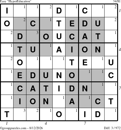 The grouppuzzles.com Easy HyperEducation-i23 puzzle for Wednesday August 12, 2026, suitable for printing, with all 3 steps marked