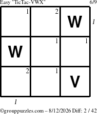 The grouppuzzles.com Easy TicTac-VWX puzzle for Wednesday August 12, 2026, suitable for printing, with all 2 steps marked