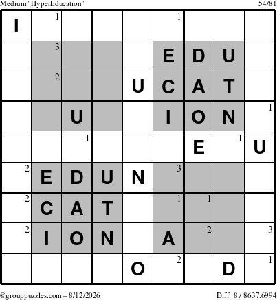 The grouppuzzles.com Medium HyperEducation-i23 puzzle for Wednesday August 12, 2026 with the first 3 steps marked