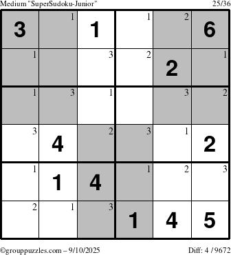 The grouppuzzles.com Medium SuperSudoku-Junior puzzle for Wednesday September 10, 2025 with the first 3 steps marked