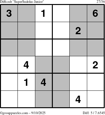 The grouppuzzles.com Difficult SuperSudoku-Junior puzzle for Wednesday September 10, 2025