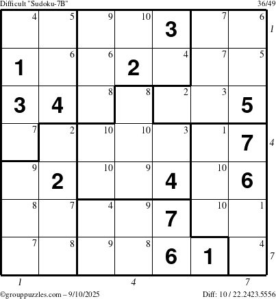 The grouppuzzles.com Difficult Sudoku-7B puzzle for Wednesday September 10, 2025, suitable for printing, with all 10 steps marked