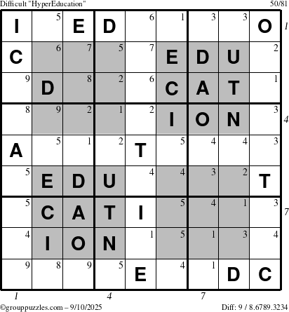 The grouppuzzles.com Difficult HyperEducation-i23 puzzle for Wednesday September 10, 2025, suitable for printing, with all 9 steps marked