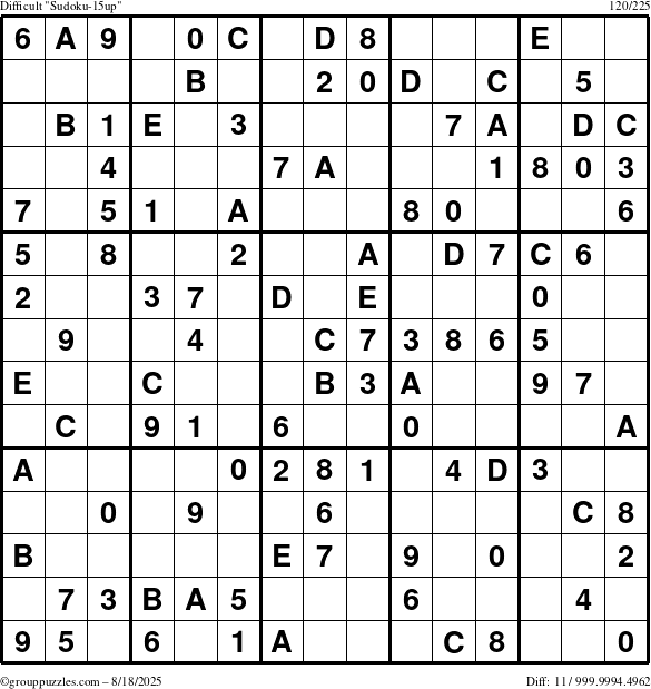 The grouppuzzles.com Difficult Sudoku-15up puzzle for Monday August 18, 2025