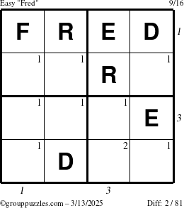 The grouppuzzles.com Easy Fred puzzle for Thursday March 13, 2025 with all 2 steps marked