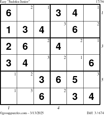 The grouppuzzles.com Easy Sudoku-Junior puzzle for Thursday March 13, 2025, suitable for printing, with all 3 steps marked