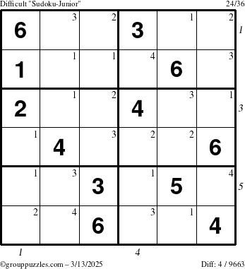 The grouppuzzles.com Difficult Sudoku-Junior puzzle for Thursday March 13, 2025, suitable for printing, with all 4 steps marked