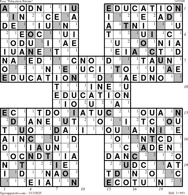 The grouppuzzles.com Easy Education-Xtreme puzzle for Thursday March 13, 2025 with all 3 steps marked
