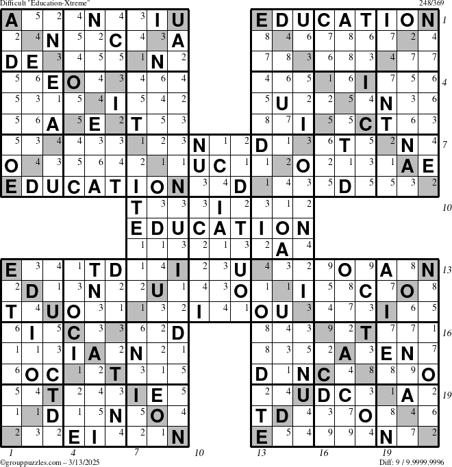 The grouppuzzles.com Difficult Education-Xtreme puzzle for Thursday March 13, 2025, suitable for printing, with all 9 steps marked