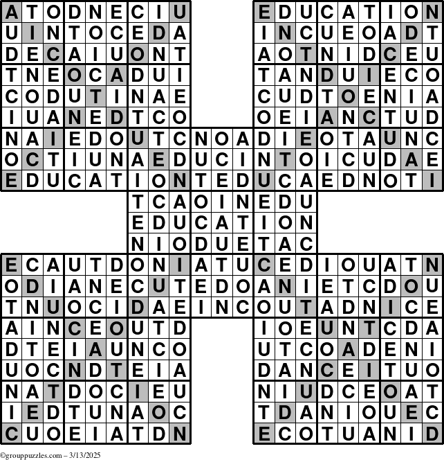 The grouppuzzles.com Answer grid for the Education-Xtreme puzzle for Thursday March 13, 2025