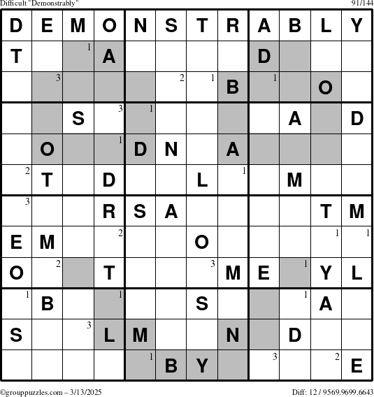 The grouppuzzles.com Difficult Demonstrably puzzle for Thursday March 13, 2025 with the first 3 steps marked