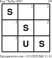 The grouppuzzles.com Easy TicTac-STU puzzle for Thursday March 13, 2025 with the first 2 steps marked