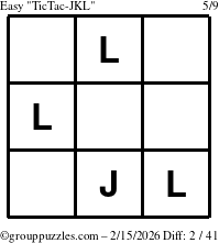 The grouppuzzles.com Easy TicTac-JKL puzzle for Sunday February 15, 2026