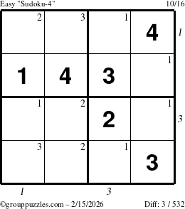 The grouppuzzles.com Easy Sudoku-4 puzzle for Sunday February 15, 2026 with all 3 steps marked