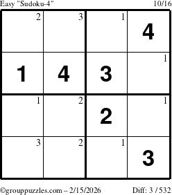 The grouppuzzles.com Easy Sudoku-4 puzzle for Sunday February 15, 2026 with the first 3 steps marked