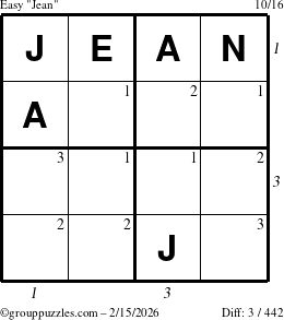 The grouppuzzles.com Easy Jean puzzle for Sunday February 15, 2026 with all 3 steps marked