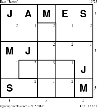 The grouppuzzles.com Easy James puzzle for Sunday February 15, 2026, suitable for printing, with all 3 steps marked