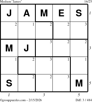 The grouppuzzles.com Medium James puzzle for Sunday February 15, 2026, suitable for printing, with all 3 steps marked
