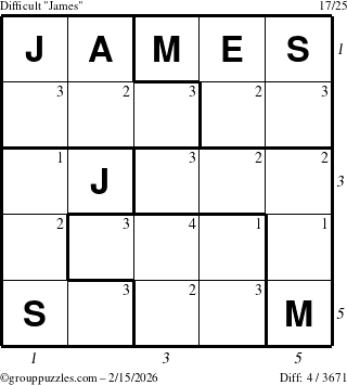 The grouppuzzles.com Difficult James puzzle for Sunday February 15, 2026 with all 4 steps marked