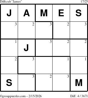 The grouppuzzles.com Difficult James puzzle for Sunday February 15, 2026 with the first 3 steps marked